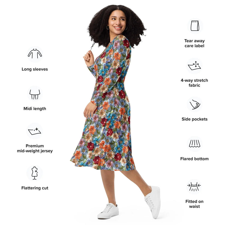 All-over print long sleeve midi dress, school work party fashion style floral crotchet allover pretty pattern design clothing attire