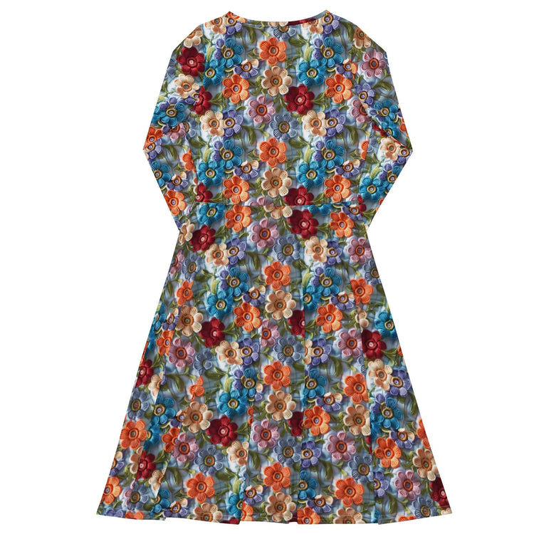 All-over print long sleeve midi dress, school work party fashion style floral crotchet allover pretty pattern design clothing attire