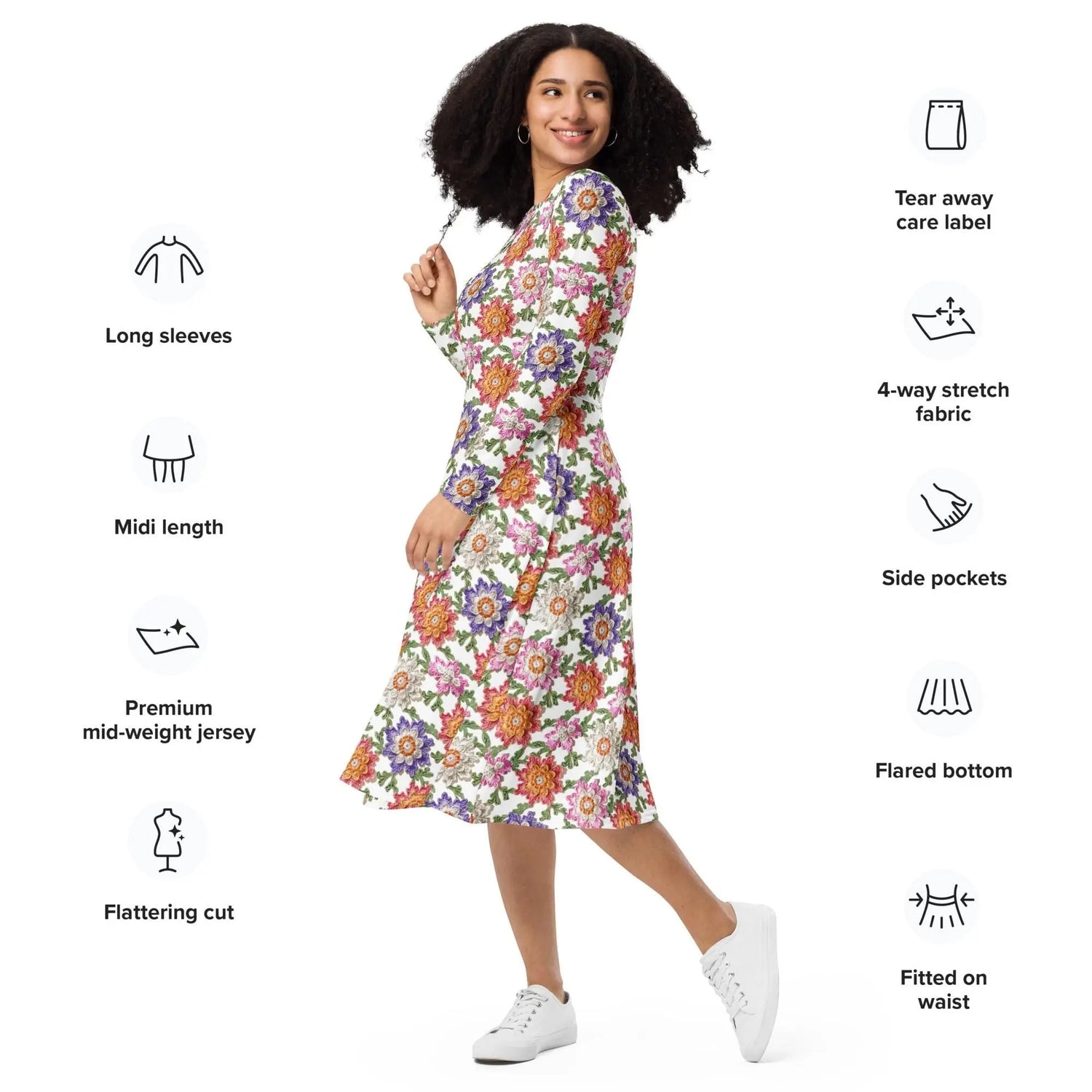All-over print long sleeve midi dress, pretty colorful crotchet all over classy casual traditional pattern design all occasion clothing wear