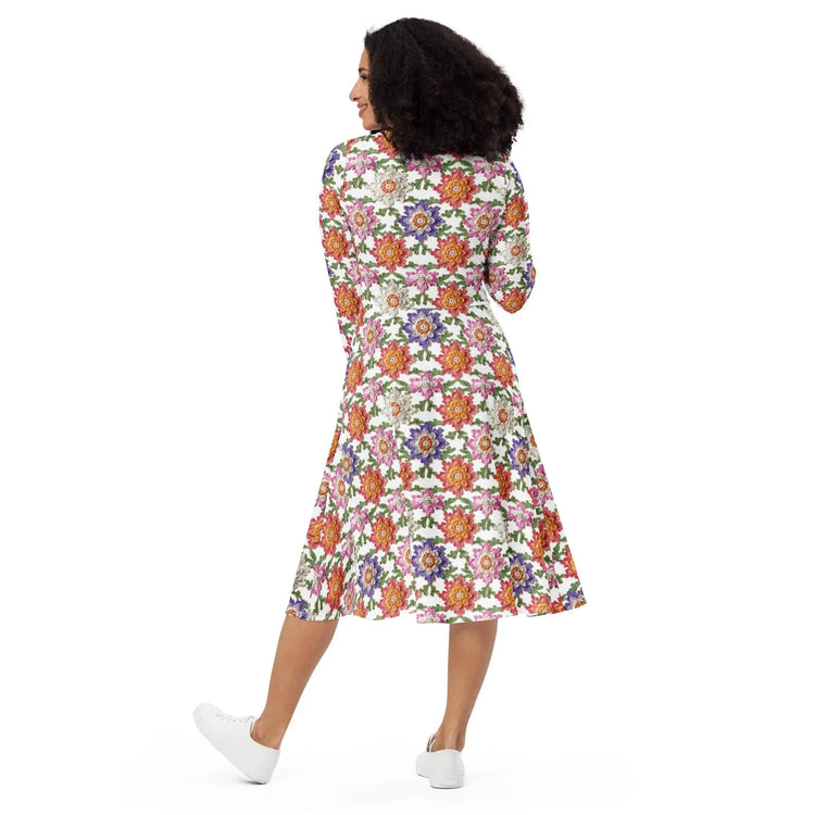 All-over print long sleeve midi dress, pretty colorful crotchet all over classy casual traditional pattern design all occasion clothing wear