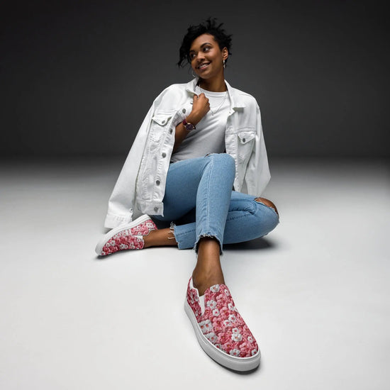 Women’s slip-on canvas shoes, Pink floral pattern pretty all day wear casual office work walking slip on stylish female sneaker shoes