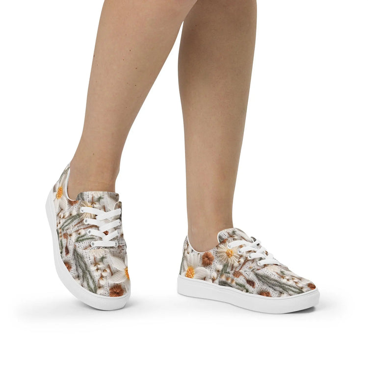 Women’s lace-up canvas shoes, Floral crotchet sweater style all over pattern fashionable casual jeans shorts dress soft fabric tennis shoes