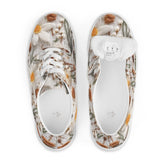 Women’s lace-up canvas shoes, Floral crotchet sweater style all over pattern fashionable casual jeans shorts dress soft fabric tennis shoes