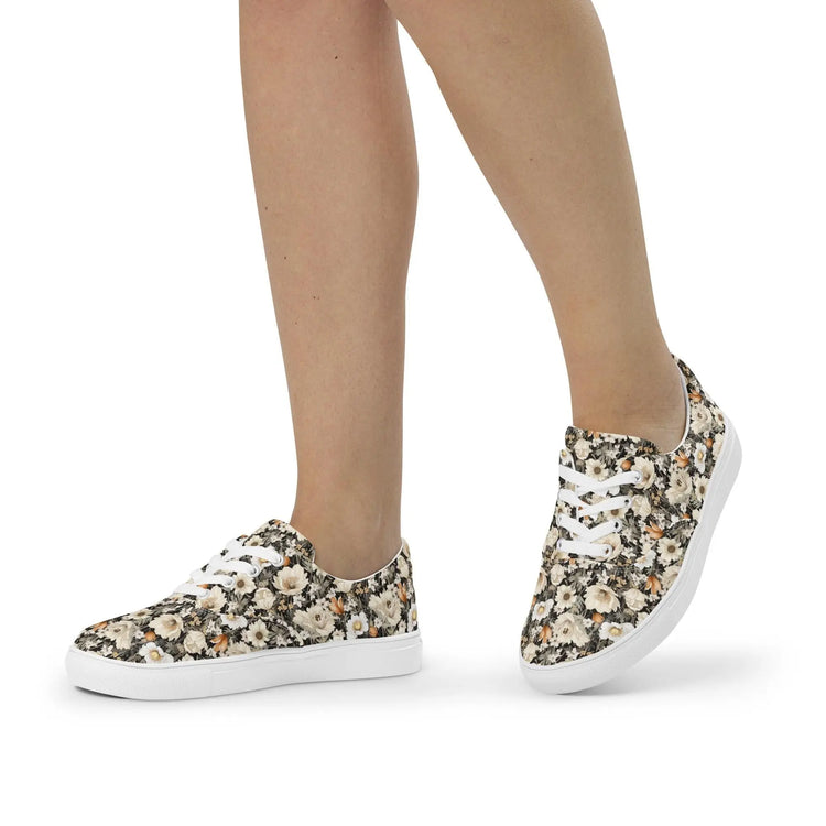 Women’s lace-up canvas shoes, floral color all over pattern print casual stylish fashion school work shopping jean shirt walking fabric shoe