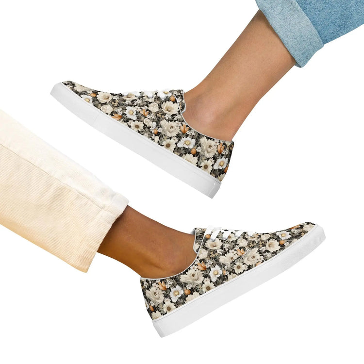 Women’s lace-up canvas shoes, floral color all over pattern print casual stylish fashion school work shopping jean shirt walking fabric shoe