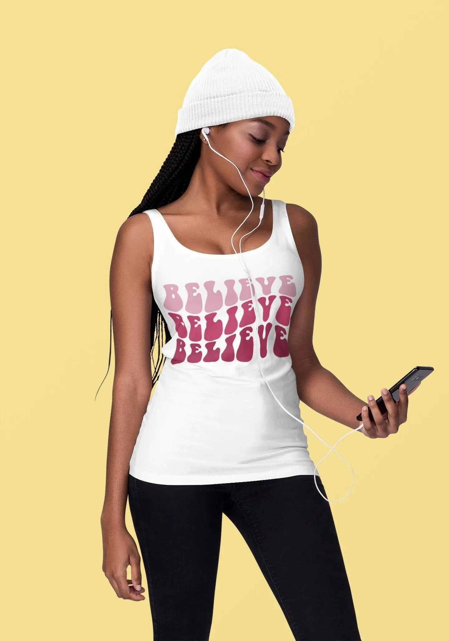 Believe Womens Tank Top, Novelty female positive empowering casual jean leggings yoga workout shirt