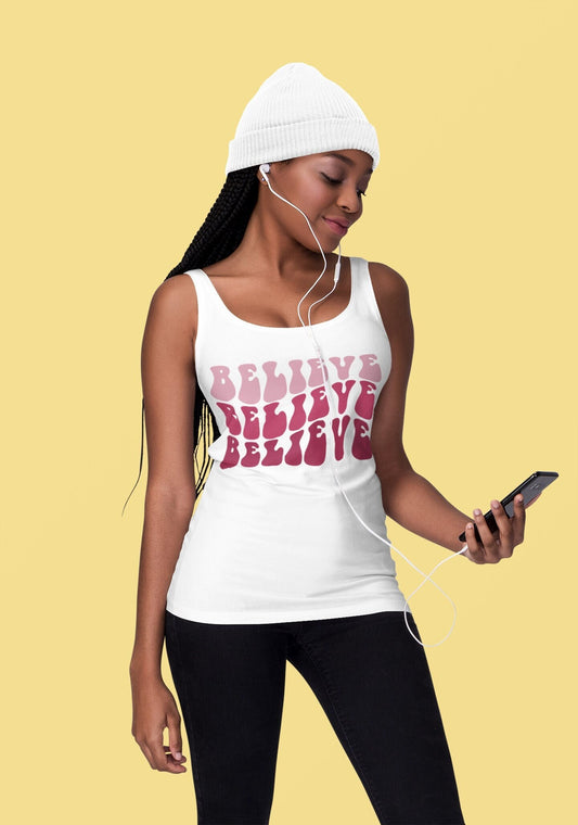 Believe Womens Tank Top, Novelty female positive empowering casual jean leggings yoga workout shirt