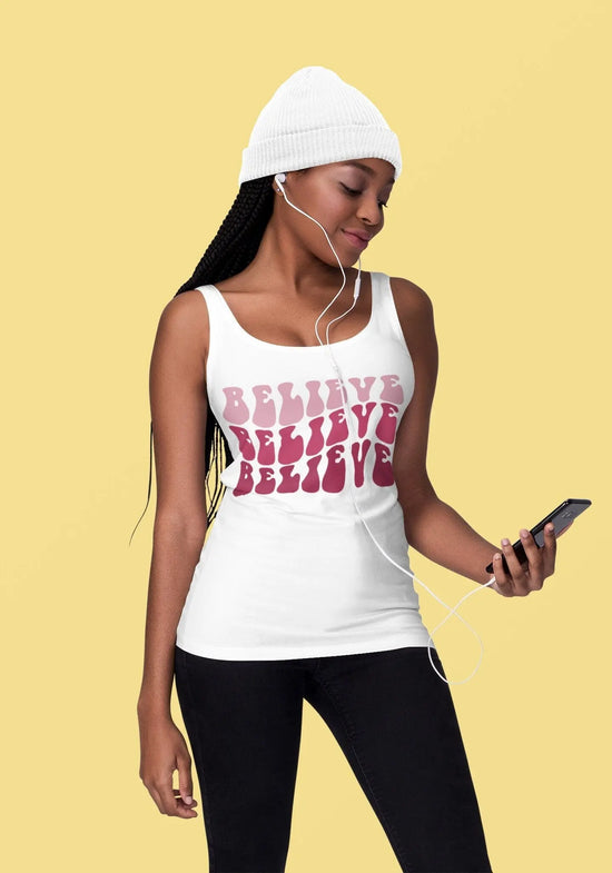 Believe Womens Tank Top, Novelty female positive empowering casual jean leggings yoga workout shirt