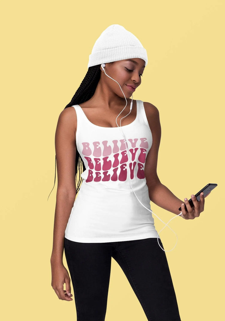 Believe Womens Tank Top, Novelty female positive empowering casual jean leggings yoga workout shirt