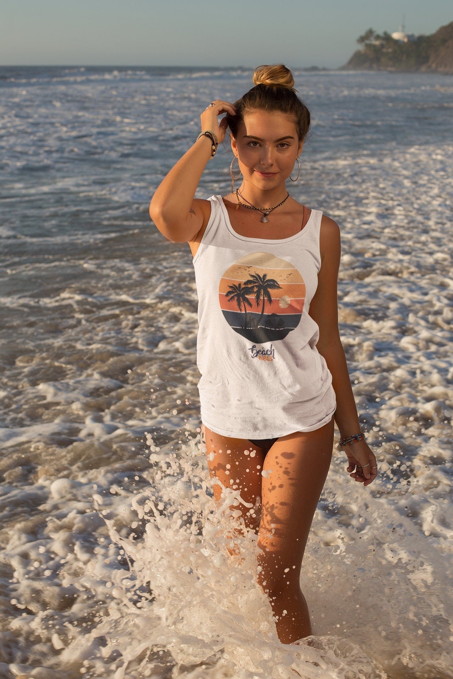 Women&#39;s Beach Vibes Racerback Tank, Beach vibes female Summer casual relax vacation travel novelty clothing wear