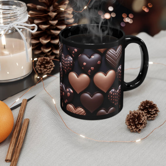 11oz Black Mug, Heart chocolate candy  print pattern all over design theme valentines birthday sweatheart  coffee beverage cup gift