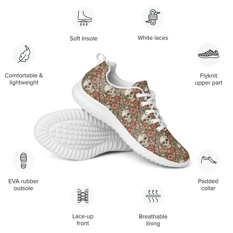 Women’s athletic shoes, Sugar skull pretty day of the dead style portrait floral print casual walking workout sport tennis shoe
