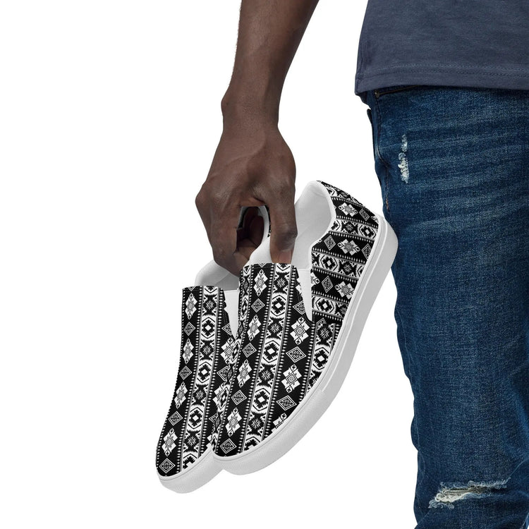 Men’s slip-on canvas shoes, Tribal design men casual jean everyday wear stylish clean comfortable walking work shopping soft male shoe