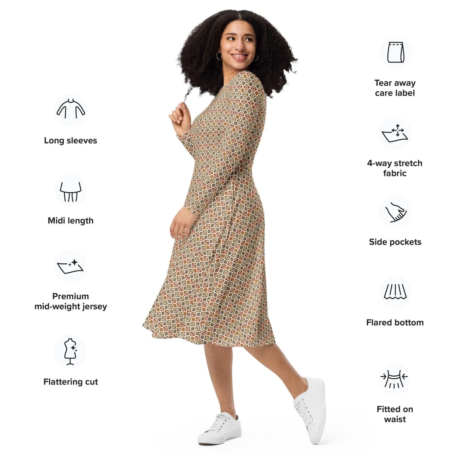 All-over print long sleeve midi dress, sophisticated tribal all over print pattern design casual date entrepreneur style clothing wear The Aurora Touch