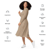 All-over print long sleeve midi dress, sophisticated tribal all over print pattern design casual date entrepreneur style clothing wear The Aurora Touch