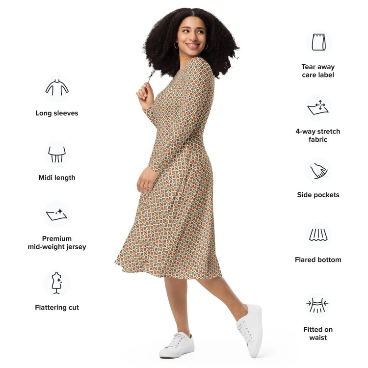 All-over print long sleeve midi dress, sophisticated tribal all over print pattern design casual date entrepreneur style clothing wear The Aurora Touch