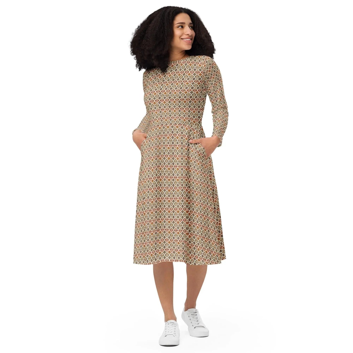 All-over print long sleeve midi dress, tribal all over print pattern design casual date entrepreneur female clothing wear mid length dress