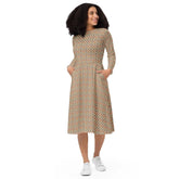All-over print long sleeve midi dress, tribal all over print pattern design casual date entrepreneur female clothing wear mid length dress