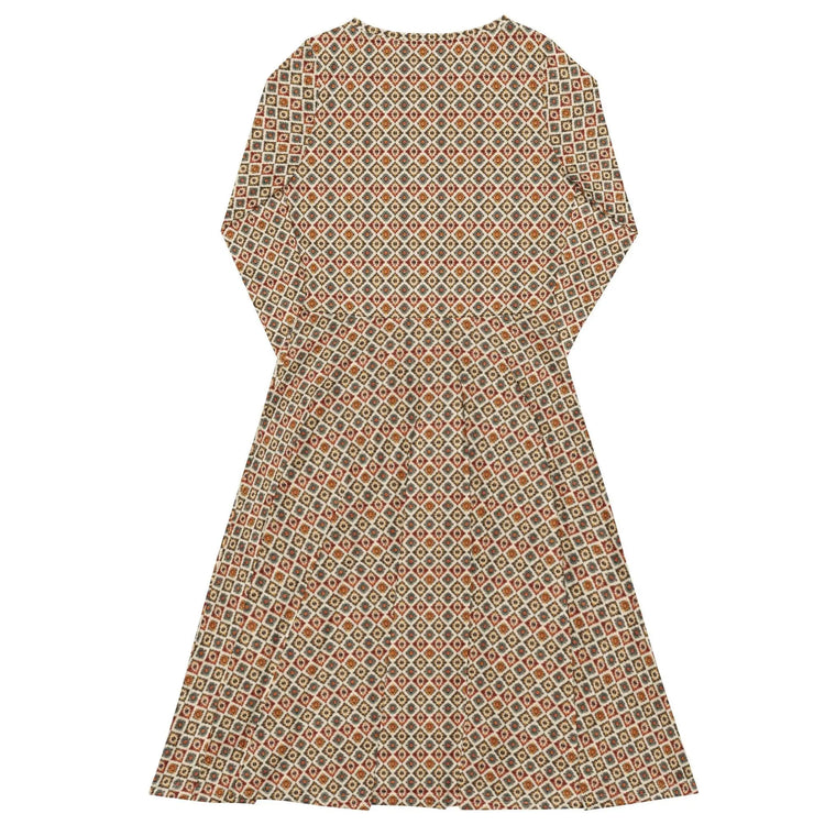 All-over print long sleeve midi dress, tribal all over print pattern design casual date entrepreneur female clothing wear mid length dress