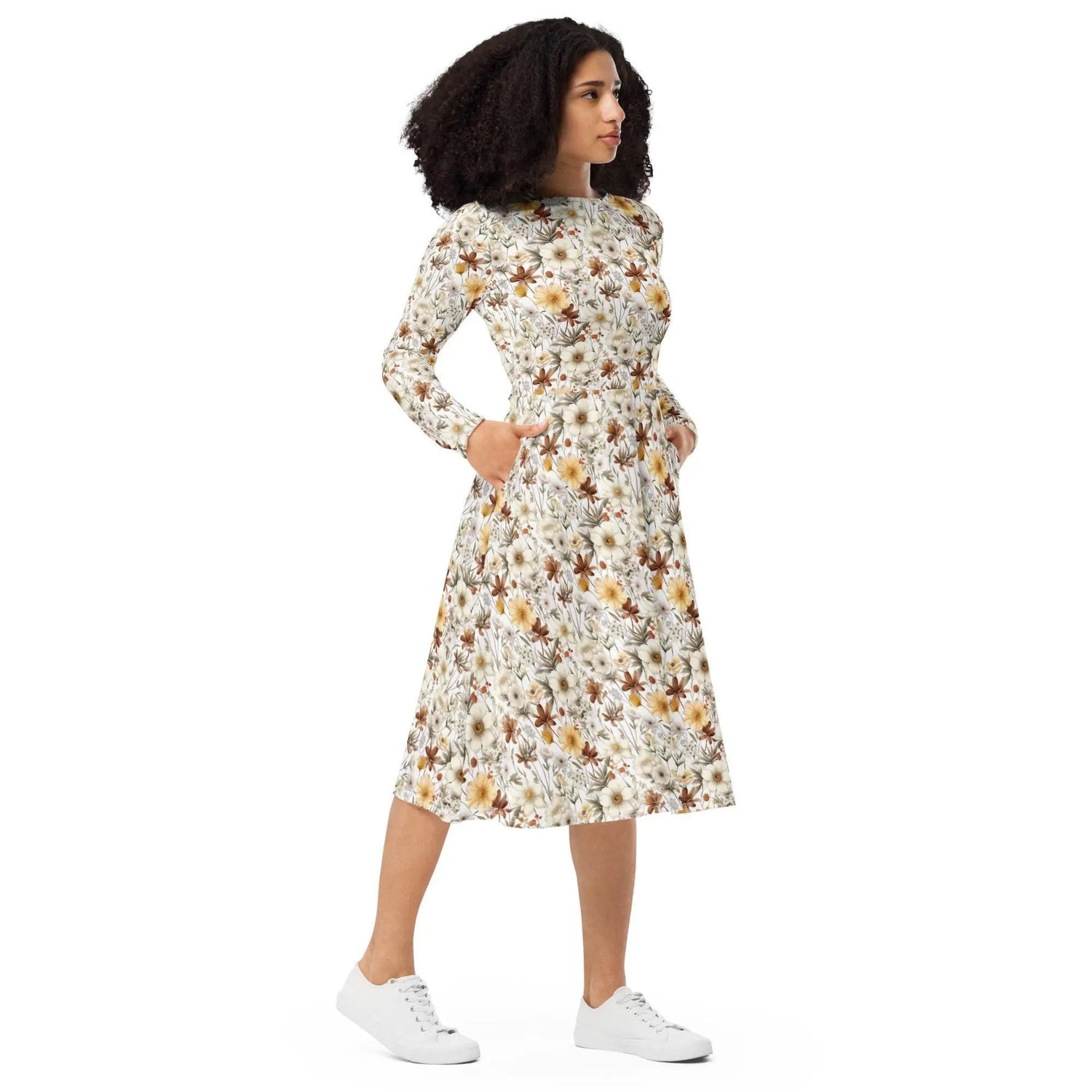 All-over print long sleeve midi dress, Floral autumn fall print pattern design casual fancy office dinner party female clothing wear outfit The Aurora Touch