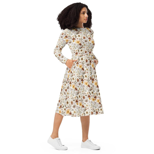 All-over print long sleeve midi dress, Floral autumn fall print pattern design casual fancy office dinner party female clothing wear outfit
