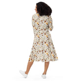 All-over print long sleeve midi dress, Floral autumn fall print pattern design casual fancy office dinner party female clothing wear outfit The Aurora Touch