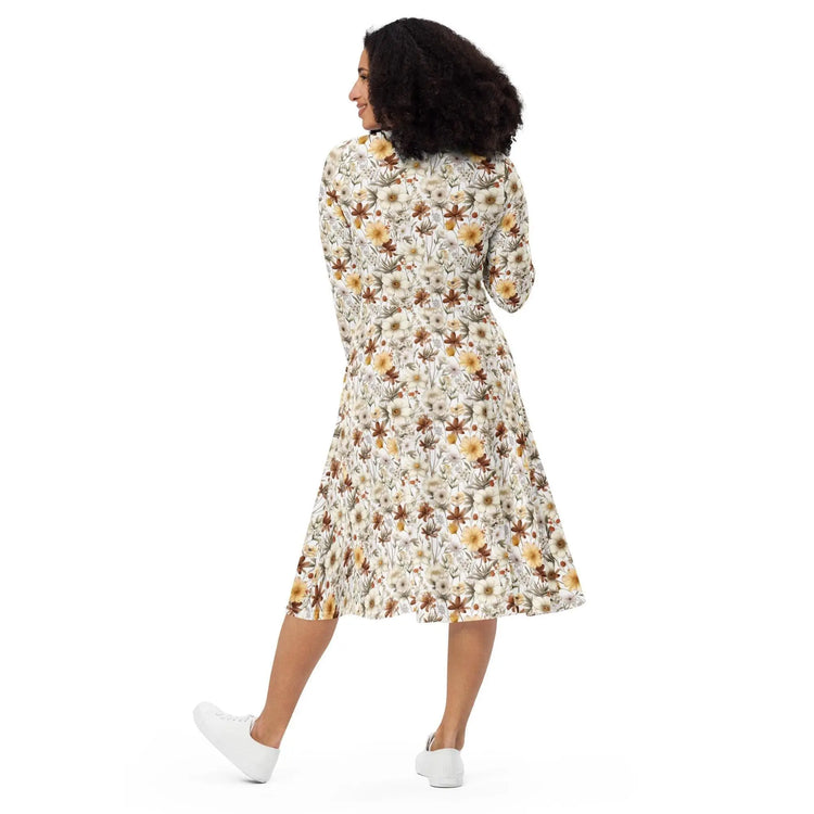 All-over print long sleeve midi dress, Floral autumn fall print pattern design casual fancy office dinner party female clothing wear outfit The Aurora Touch