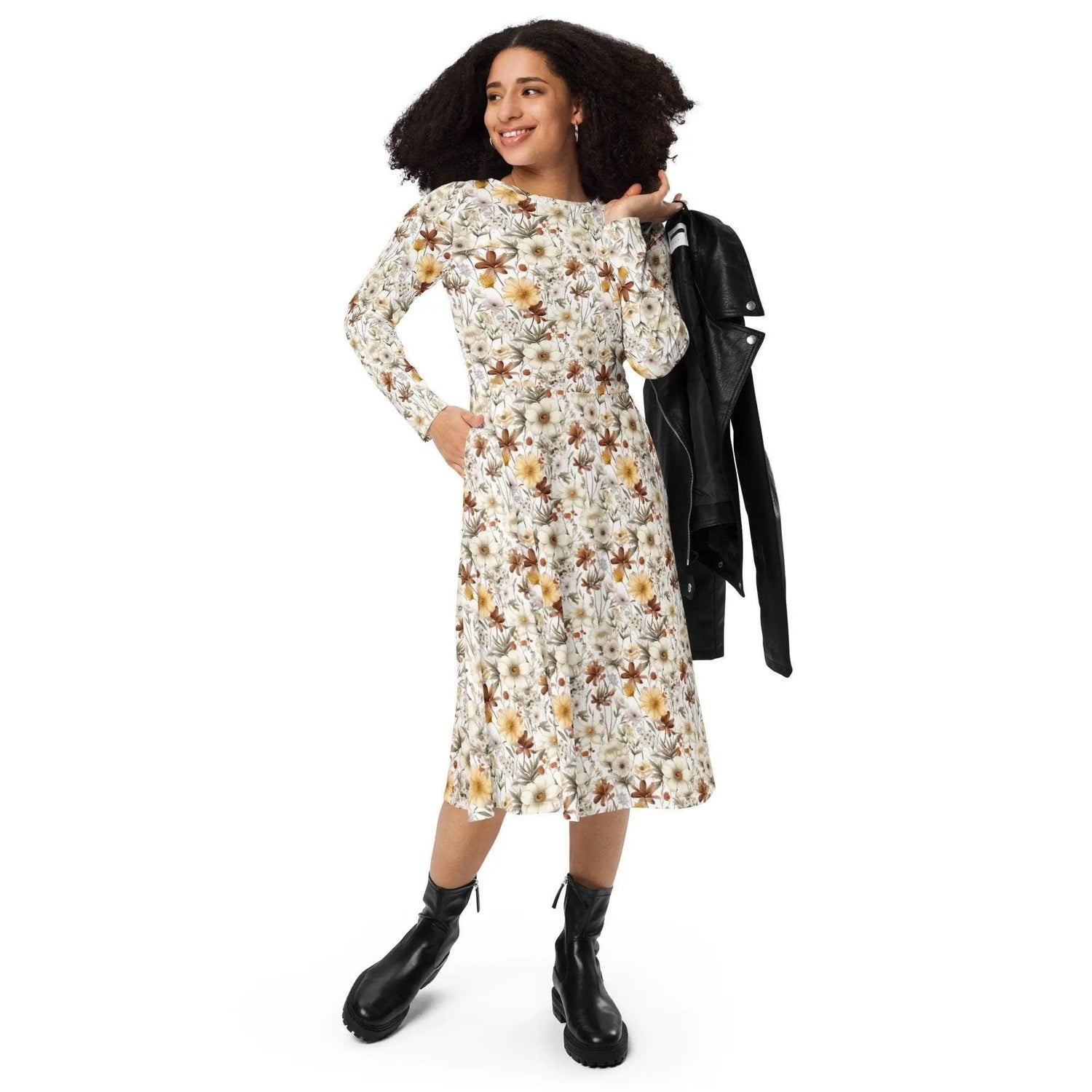 All-over print long sleeve midi dress, Floral autumn fall print pattern design casual fancy office dinner party female clothing wear outfit The Aurora Touch