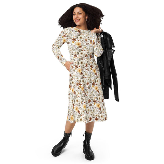 All-over print long sleeve midi dress, Floral autumn fall print pattern design casual fancy office dinner party female clothing wear outfit