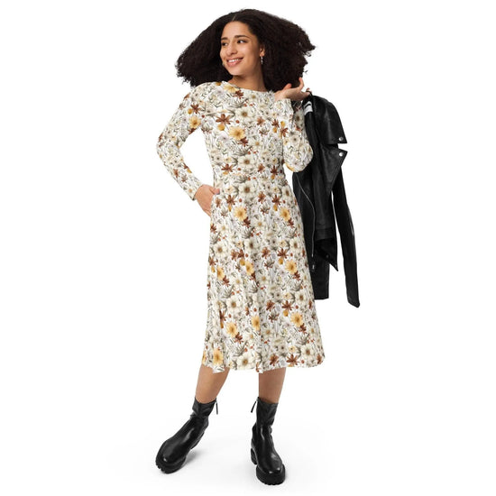 All-over print long sleeve midi dress, Floral autumn fall print pattern design casual fancy office dinner party female clothing wear outfit The Aurora Touch