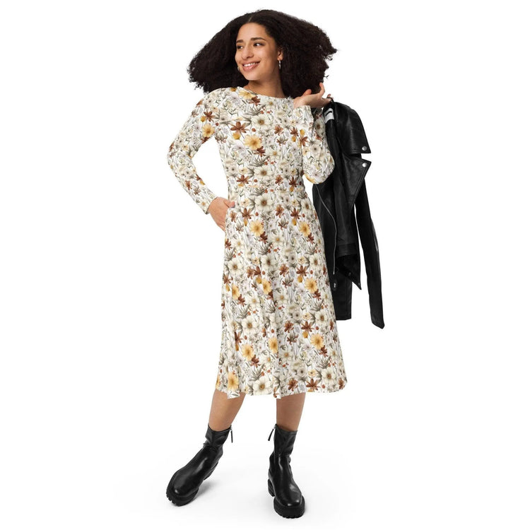 All-over print long sleeve midi dress, Floral autumn fall print pattern design casual fancy office dinner party female clothing wear outfit The Aurora Touch