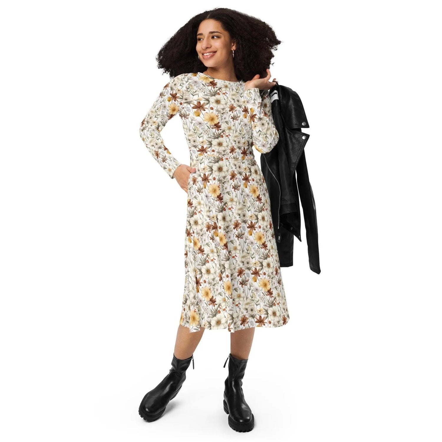 All-over print long sleeve midi dress, Floral autumn fall all over print pattern design casual fancy office dinner party female clothing wear gift
