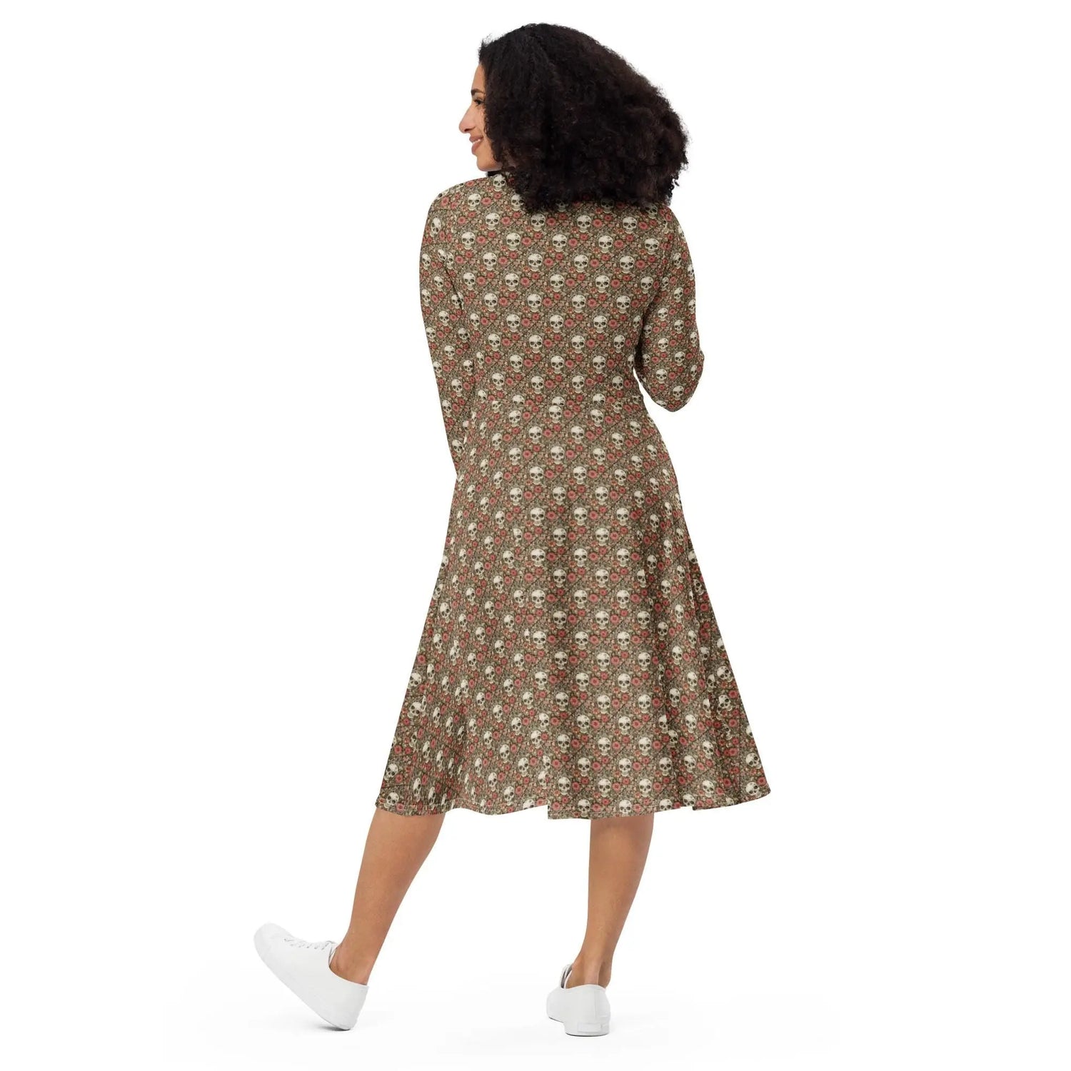 All-over print long sleeve midi dress, Sugar skull pink hue floral print pattern stylish designer versatile any occassion fitted flare wear