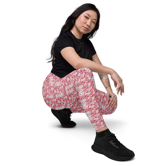 Leggings with pockets, Pink floral pattern print stretchy yoga workout daily walk casual blazer everyday stylish fitted pocket spandex pants