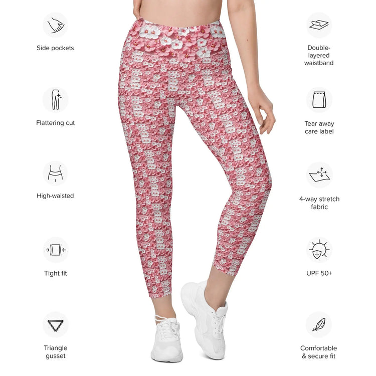 Leggings with pockets, Pink floral pattern print stretchy yoga workout daily walk casual blazer everyday stylish fitted pocket spandex pants The Aurora Touch