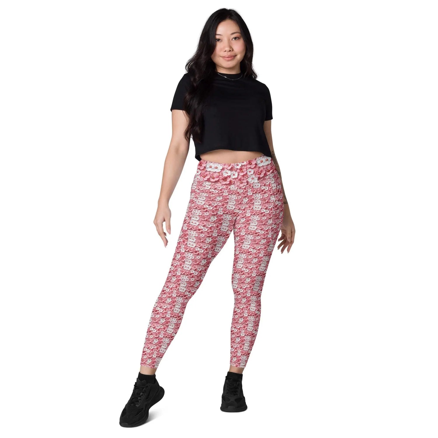Leggings with pockets, Pink floral pattern print stretchy yoga workout daily walk casual blazer everyday stylish fitted pocket spandex pants