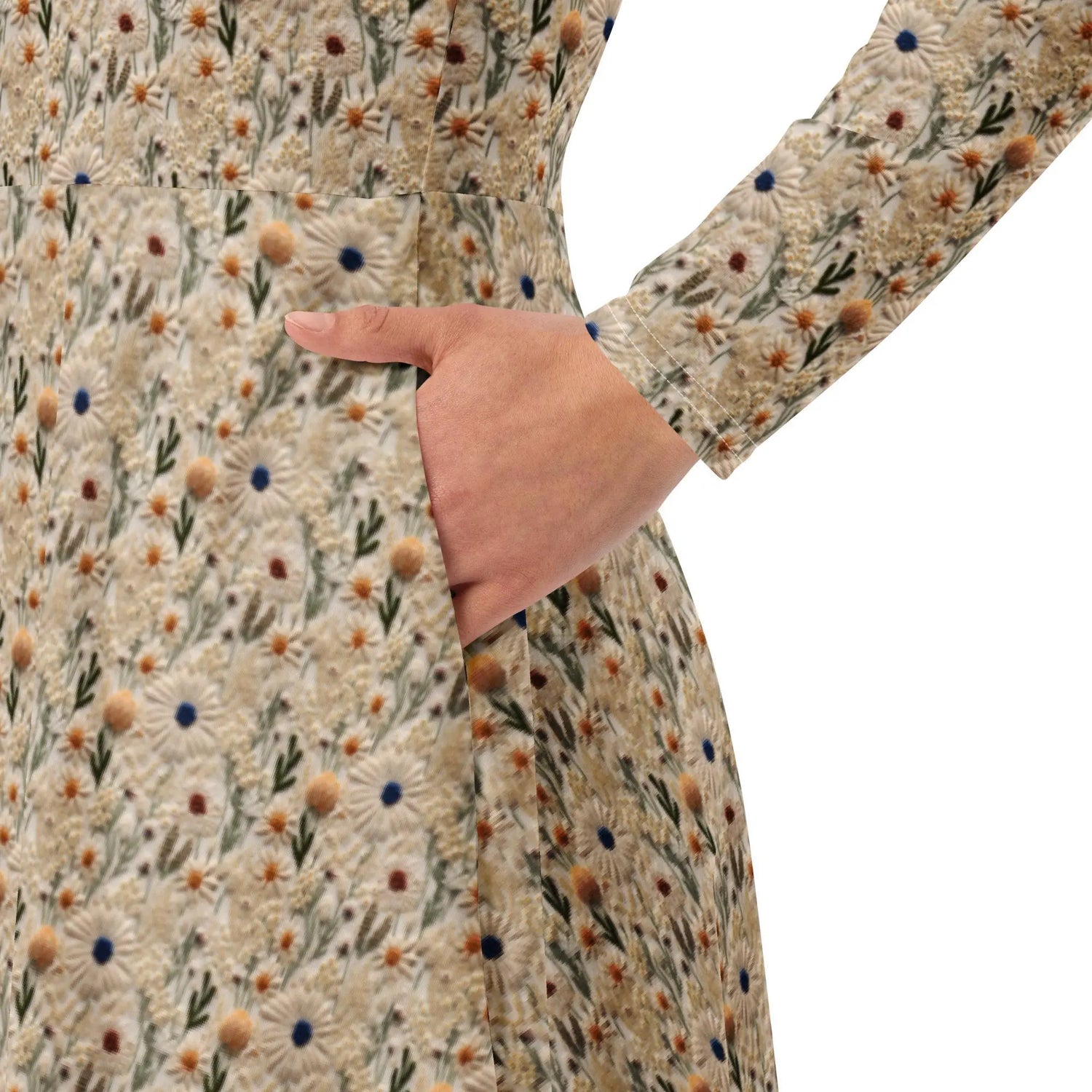 All-over print long sleeve midi dress, pretty floral crotchet print dinner party business event versatile stylish conservative dress The Aurora Touch