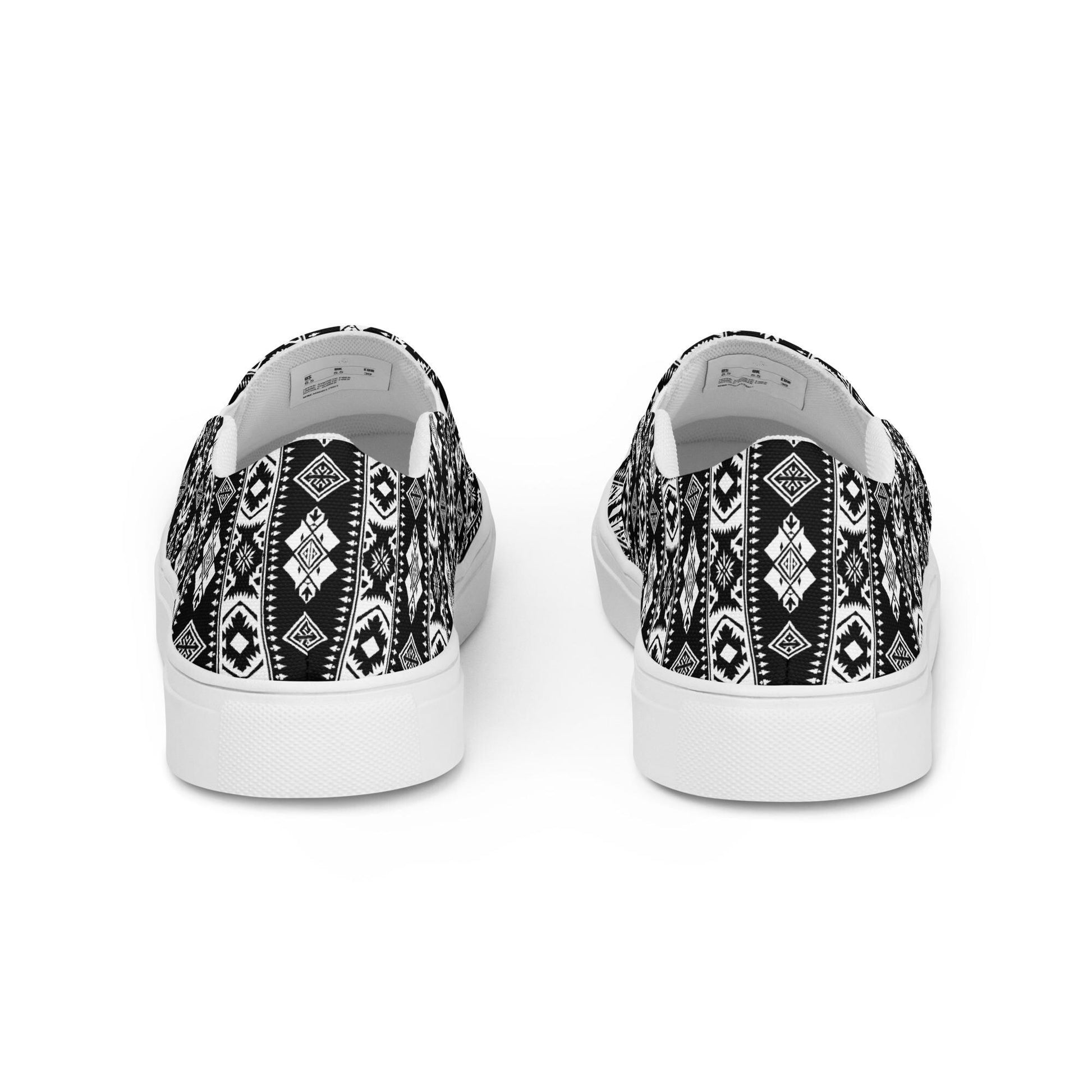 Women’s slip-on canvas shoes, Tribal pattern print fashion school work play casaul everyday style jean skirt shorts skater shoe