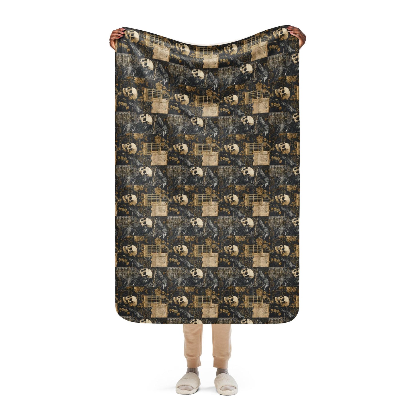Sherpa blanket, Gothic patchwork Halloween style pattern design plush soft warm cozy cuddle up couch bed chair travel stylish throw