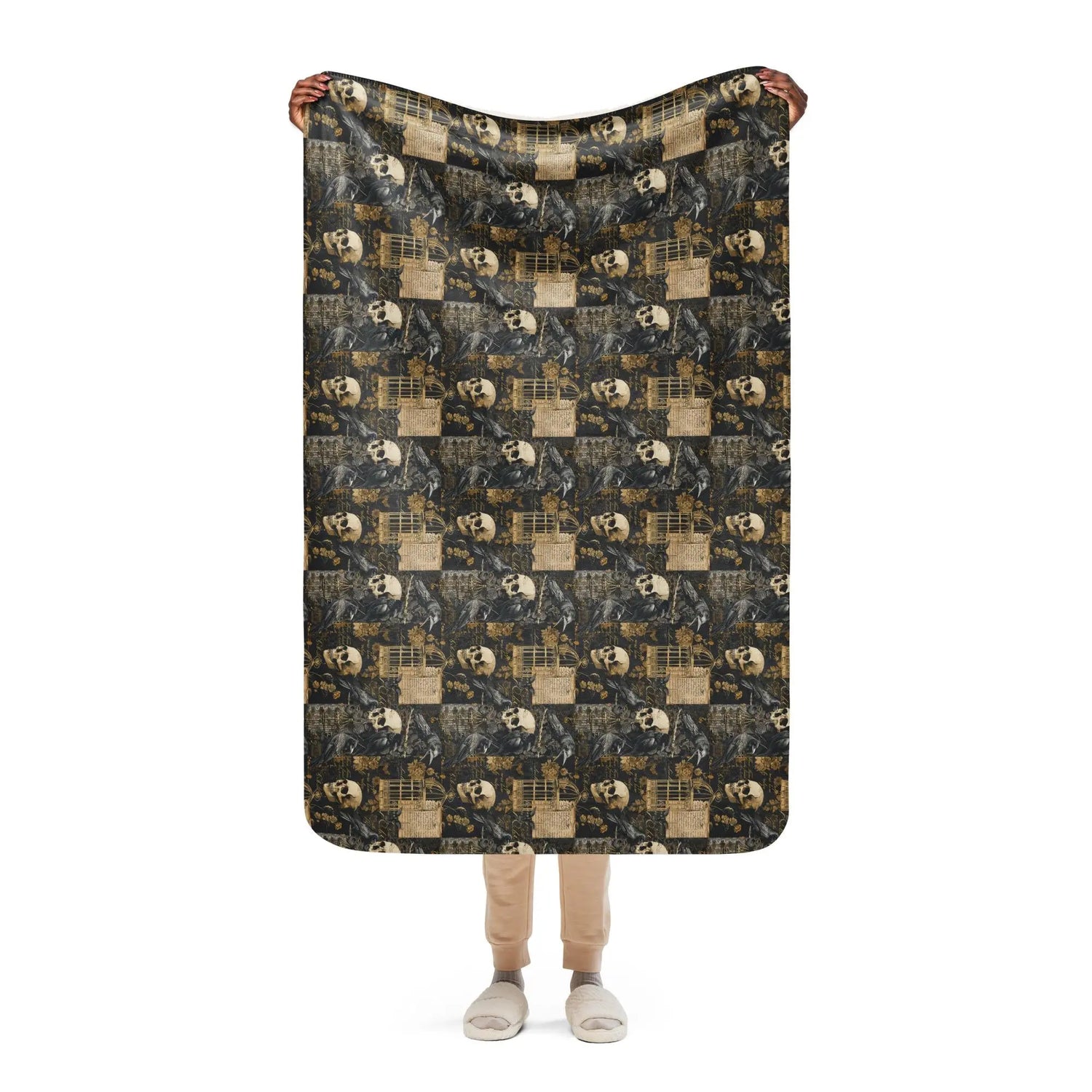 Sherpa blanket, Gothic patchwork Halloween style pattern design plush soft warm cozy cuddle up couch bed chair travel stylish throw