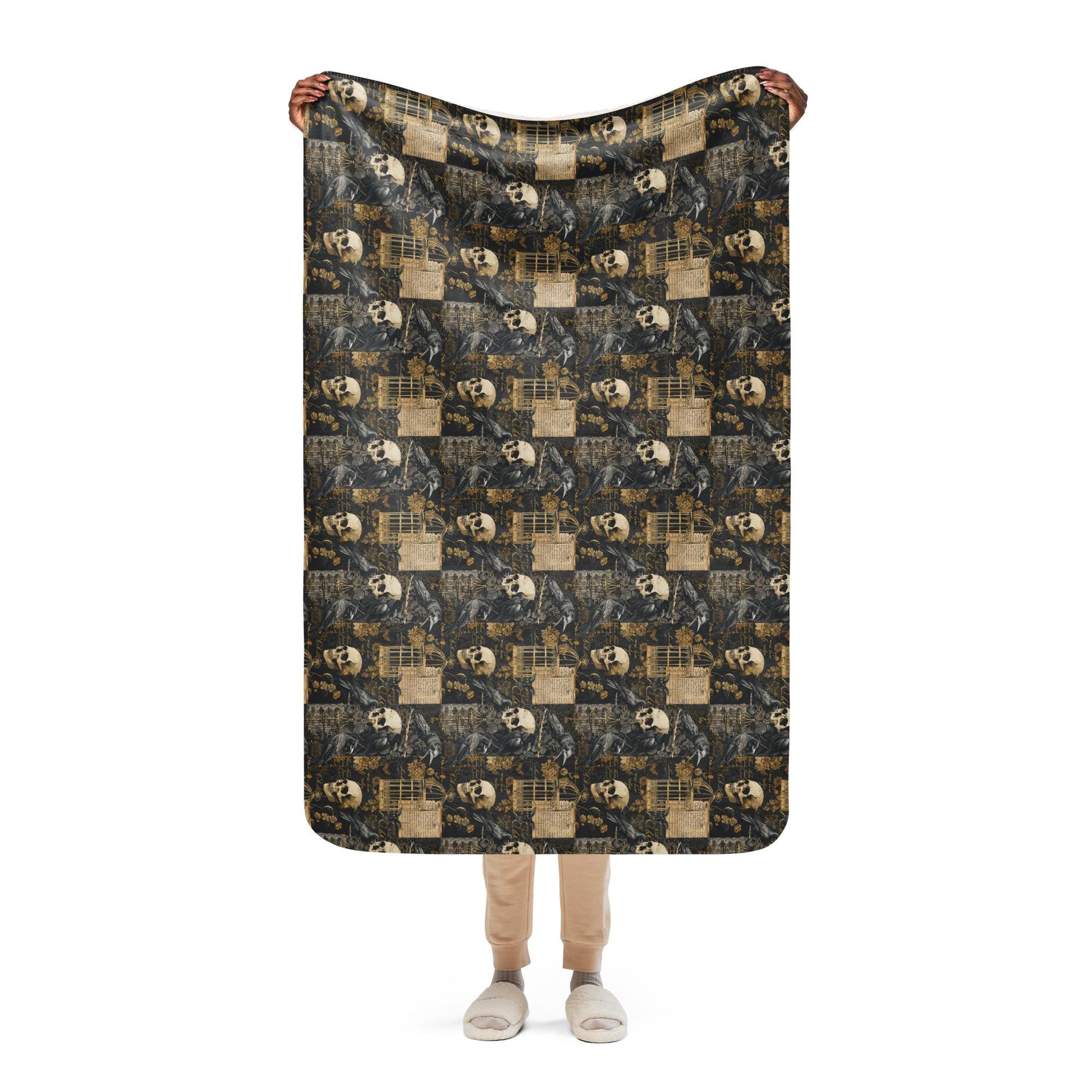 Sherpa blanket, Gothic patchwork Halloween style pattern design plush soft warm cozy cuddle up couch bed chair travel stylish throw
