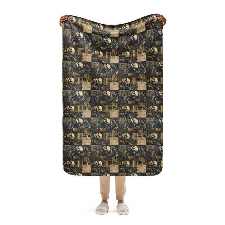 Sherpa blanket, Gothic patchwork Halloween style pattern design plush soft warm cozy cuddle up couch bed chair travel stylish throw