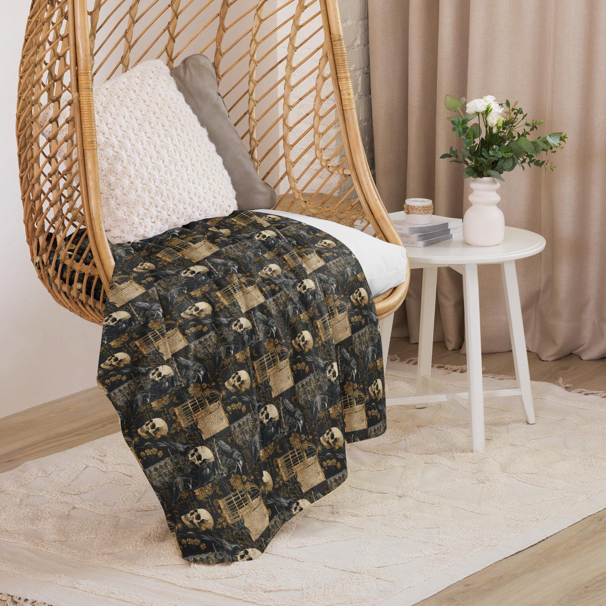 Sherpa blanket, Gothic patchwork Halloween style pattern design plush soft warm cozy cuddle up couch bed chair travel stylish throw
