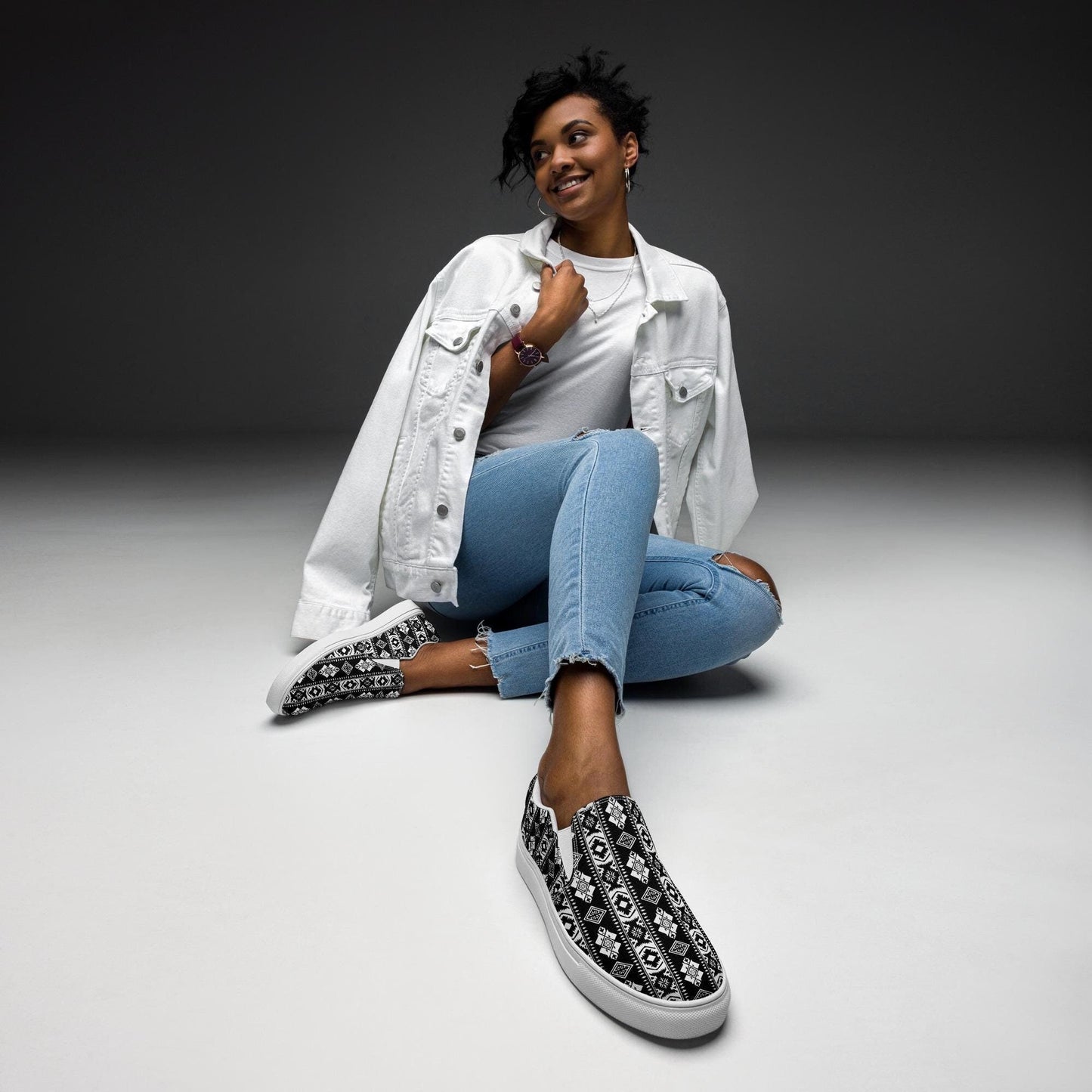 Women’s slip-on canvas shoes, Tribal pattern print fashion school work play casaul everyday style jean skirt shorts skater shoe