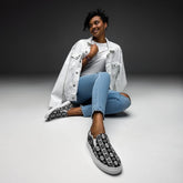 Women’s slip-on canvas shoes, Tribal pattern print fashion school work play casaul everyday style jean skirt shorts skater shoe