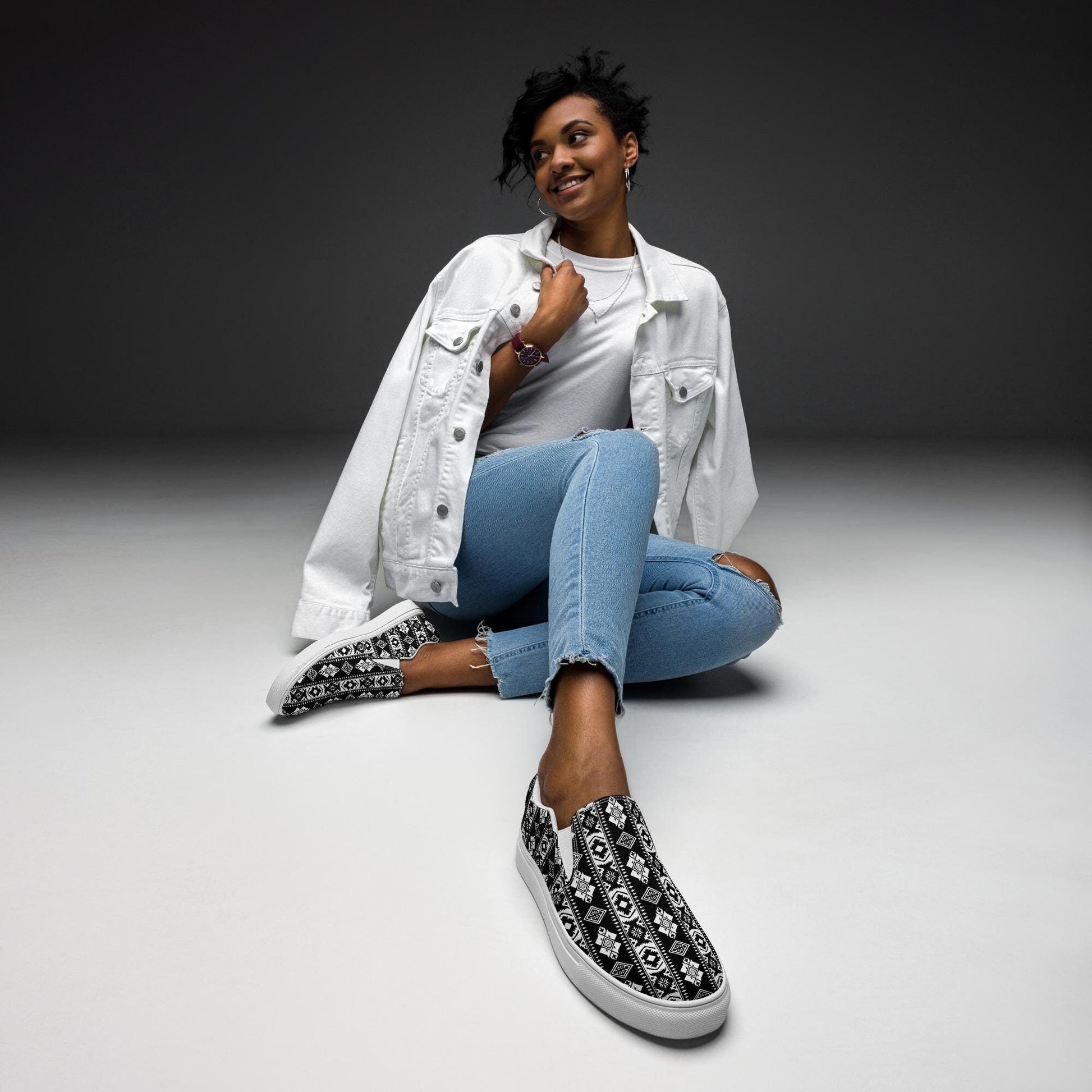 Women’s slip-on canvas shoes, Tribal pattern print fashion school work play casaul everyday style jean skirt shorts skater shoe