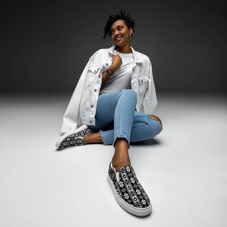 Women’s slip-on canvas shoes, Tribal pattern print fashion school work play casaul everyday style jean skirt shorts skater shoe