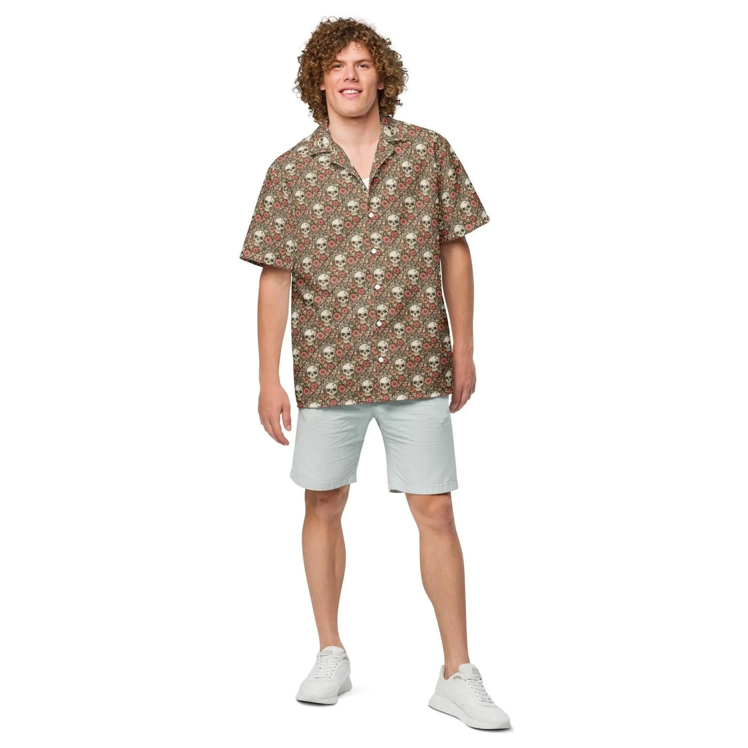 Unisex button shirt, sugar skull floral theme all over print casual light airy button up moisture wick dinner lunch beach day comfort shirt