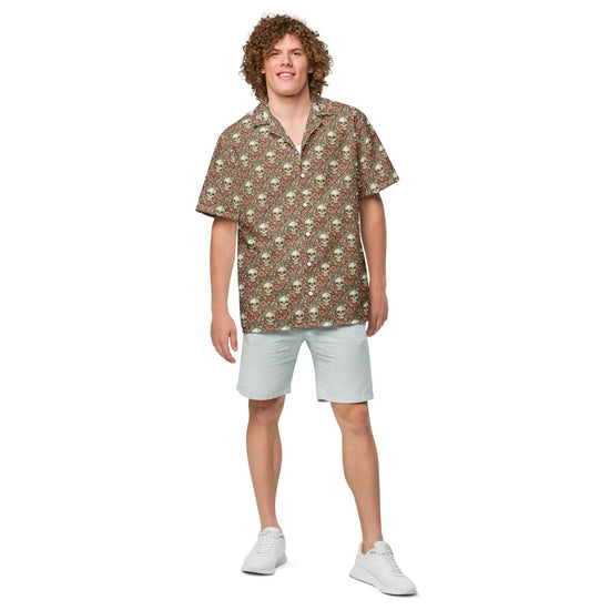 Unisex button shirt, sugar skull floral theme all over print casual light airy button up moisture wick dinner lunch beach day comfort shirt