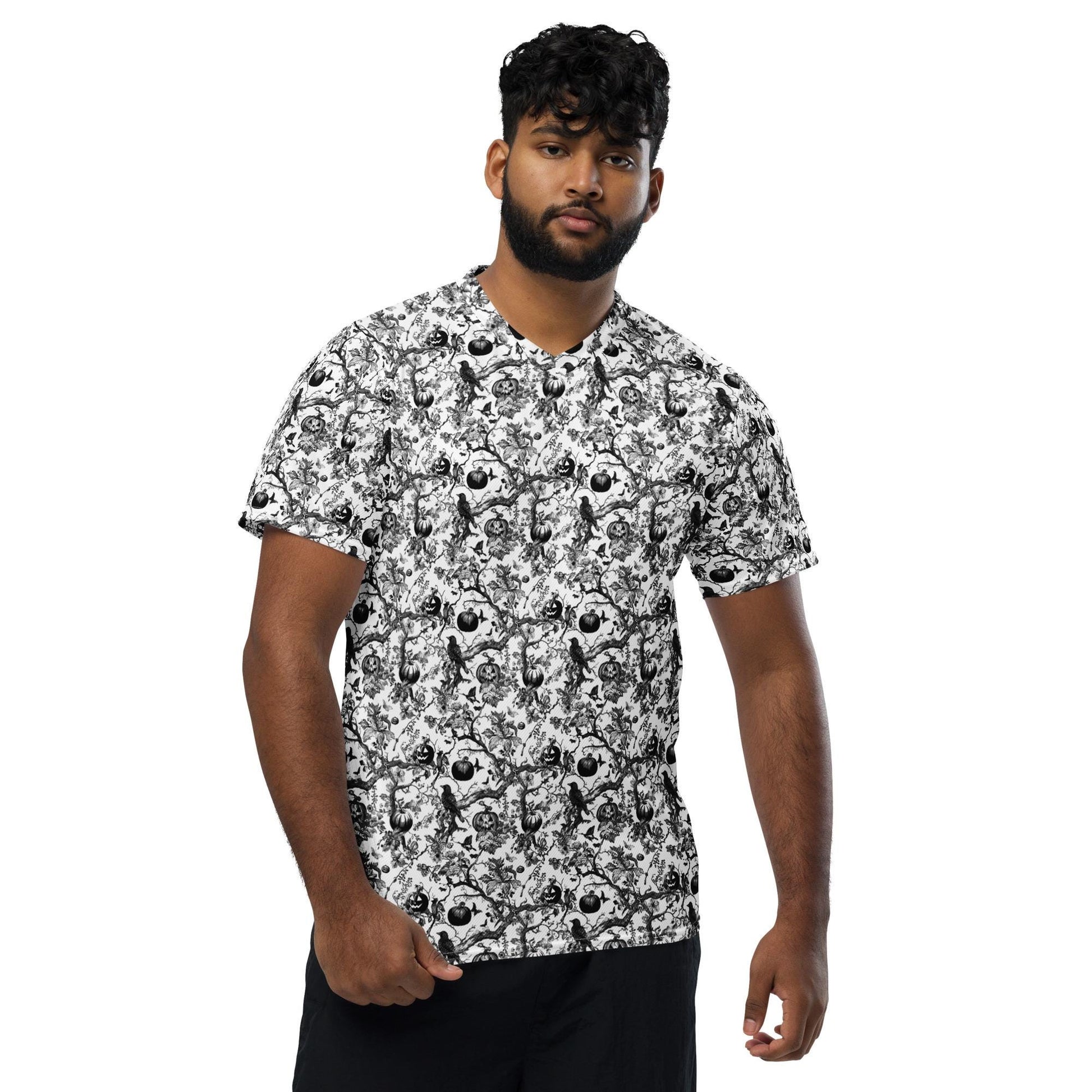 Recycled unisex sports jersey, Halloween stylish fashion cool pattern breathable v neck daily wear stretch fabric casual jean pants shirt